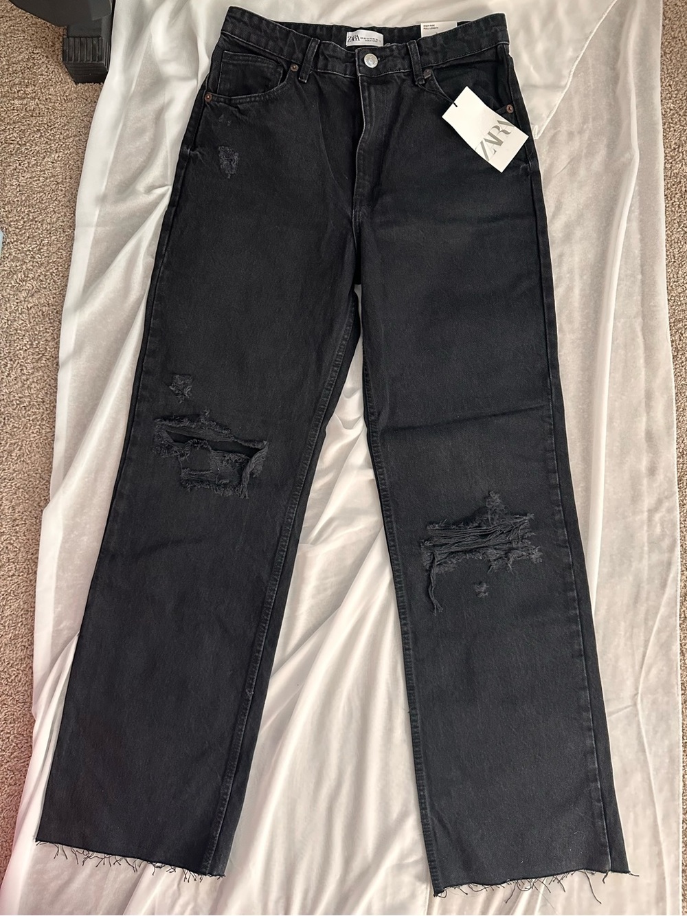 ZARA Black Ripped Straight-Leg Jeans